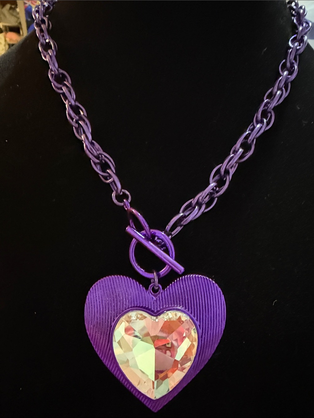 New Women’s 10.5” Purple Heart Pendant Necklace with Iridescent Crystal Accent